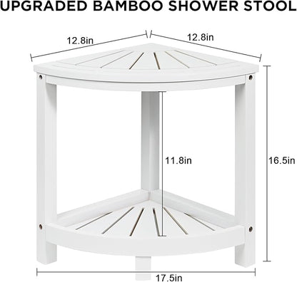 Ollieroo 2-Tier Bamboo Corner Shower Stool for Shaving Legs, Waterproof Bench with Storage Shelf and Soap Dish, Non-Slip Foot Rest (White)