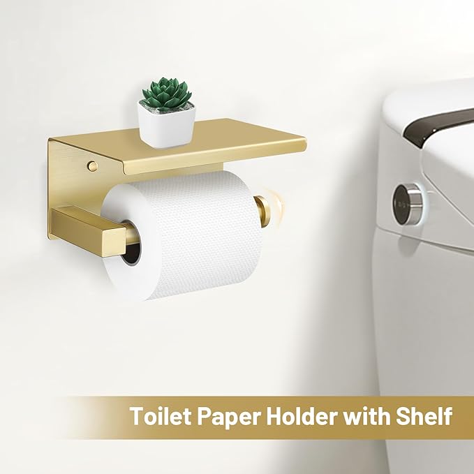 TURS 5-Pieces Brushed Gold Bathroom Hardware Set 23.6 Inch SUS304 Stainless Steel Towel Bar Set Wall Mounted Square Toilet Paper Holder with Shelf