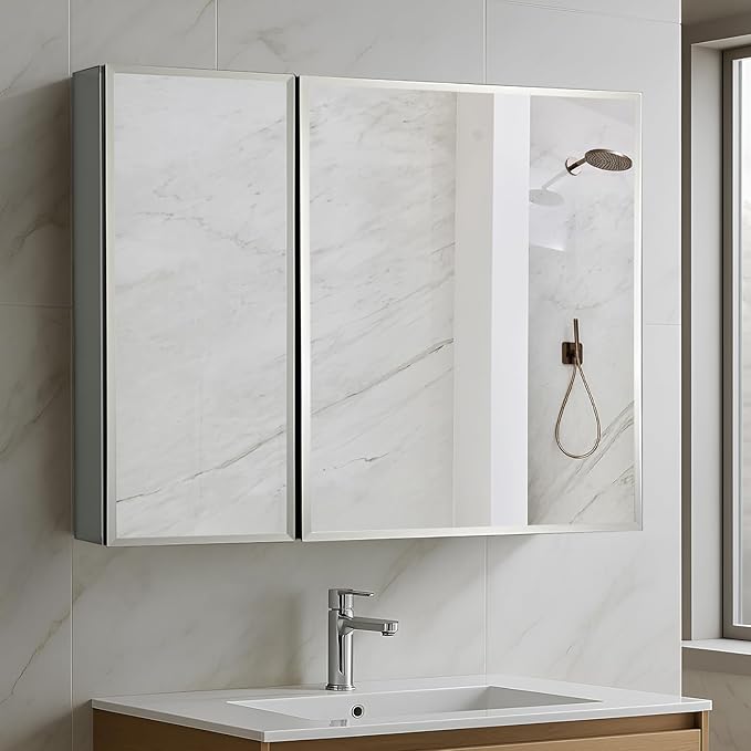 Blossom 30x26 Inch Aluminum Medicine Cabinet with Mirror – Recessed or Surface Wall Mounted Bathroom Storage with Adjustable Glass Shelves, Soft Close Hinges, Rust-Resistant and Modern Mirrored Design