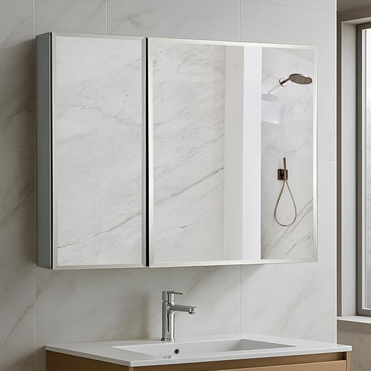 Blossom 30x26 Inch Aluminum Medicine Cabinet with Mirror – Recessed or Surface Wall Mounted Bathroom Storage with Adjustable Glass Shelves, Soft Close Hinges, Rust-Resistant and Modern Mirrored Design