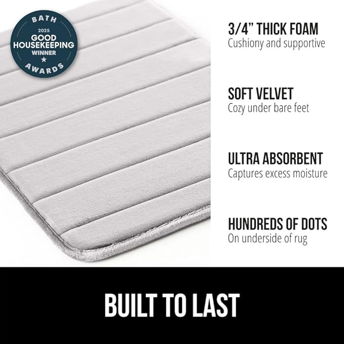 GORILLA GRIP Memory Foam Bath Mat, Soft Absorbent US Designed Bathroom Rug, Gripping Dots Machine Washable Bathmat, Cushioned Floor Mats, Shower Sink Rugs Room Décor Accessories, 30x20 Light Gray