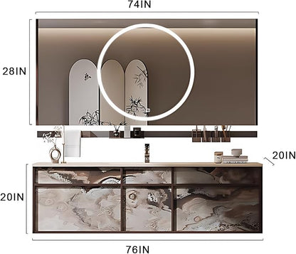 76IN Modern Bathroom Vanity with Sink - Bathroom Vanity with 2 Drawer Organizer, LED Mirror Lights & Defogging Function | Wall - Mounted Vanity with Multifunctional Storage Rack