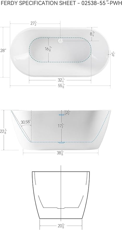 FerdY Bali 55" Freestanding Bathtub, Glossy White Freestanding soaking tub with Polished White Drain & Integrated Slotted Overflow, cUPC Certified