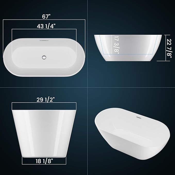 Freestanding Bathtub 67 inch Acrylic Soaking Bathtub with Chrome Drain & Overflow, Free Standing Bathtub for Spa-Inspired Bathroom, Deep Stand Alone Tub for Relaxation