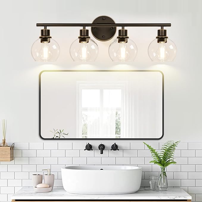 4-Light Bathroom Light Fixtures, Oil Rubbed Bronze Bathroom Lights Over Mirror with Clear Glass Globe Shade, Vanity Lights for Bathroom Kitchen Living Room Hallway Cabinet Bedroom Porch