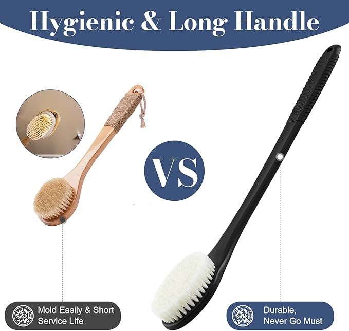 Back Scrubber for Shower, Shower Body Brush for Cleaning with Long Handle for Showering, 17 Inch Back Washer Exfoliator for Shower Men Women with Non-Slip Handle, Adhesive Hook (Black)