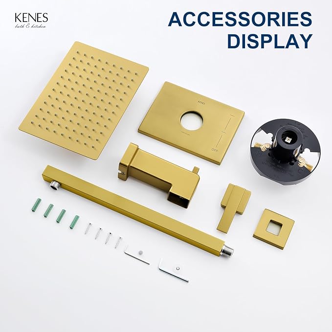 KENES Brushed Gold Tub and Shower Trim Kit, Square Tub Shower Faucet Set Complete with 10-Inch Rainfall Shower Head and Tub Spout, KE-6024A-4 (Shower Valve Included)
