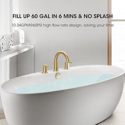 High Flow Roman Tub Faucet with Valve, Widespread Solid Brass 3 Hole Bathtub Faucet, 2 Handle Deck Mount Bath Tub Filler with Supply Water Hoses, Brushed Gold