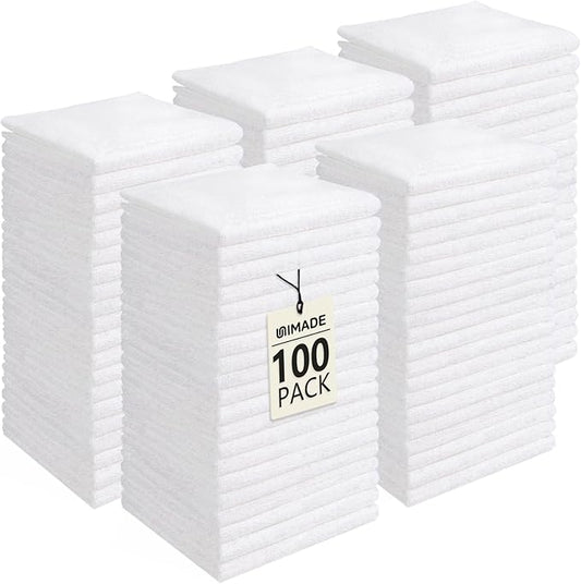 Washcloths Bulk - 100 Pack - Face Towels (12" x 12"), Highly Soft Wash Cloths and Hand Towels, Fast Drying Multi-Purpose Microfiber Cleansing Cloths for Bathroom, Hotel, Spa, and Salon - White