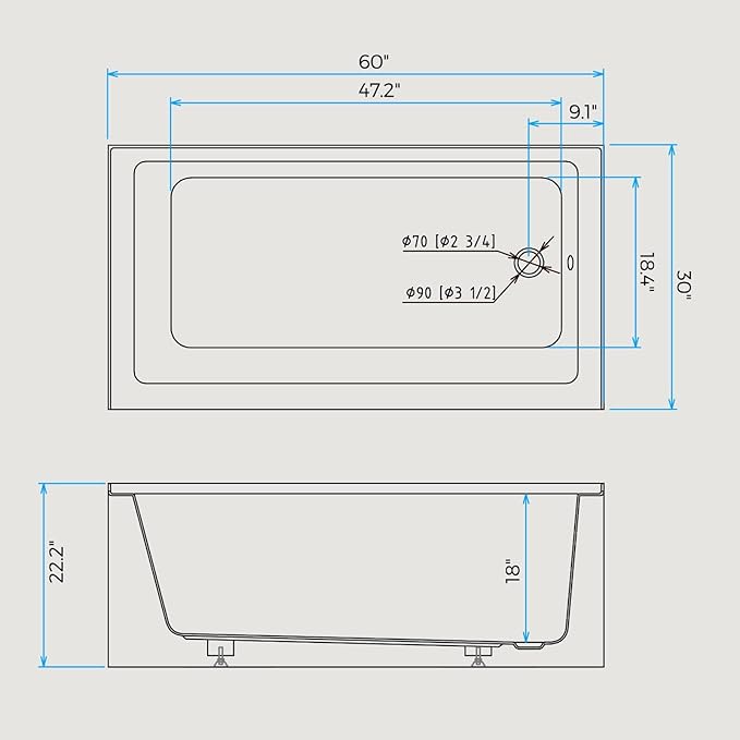 60x30 Inch Acrylic Bathtub, Single Apron Alcove Soaking Tub with Right-Side Overflow & Drain, Space-Saving Built-In Design, Easy Install for Modern Bathrooms