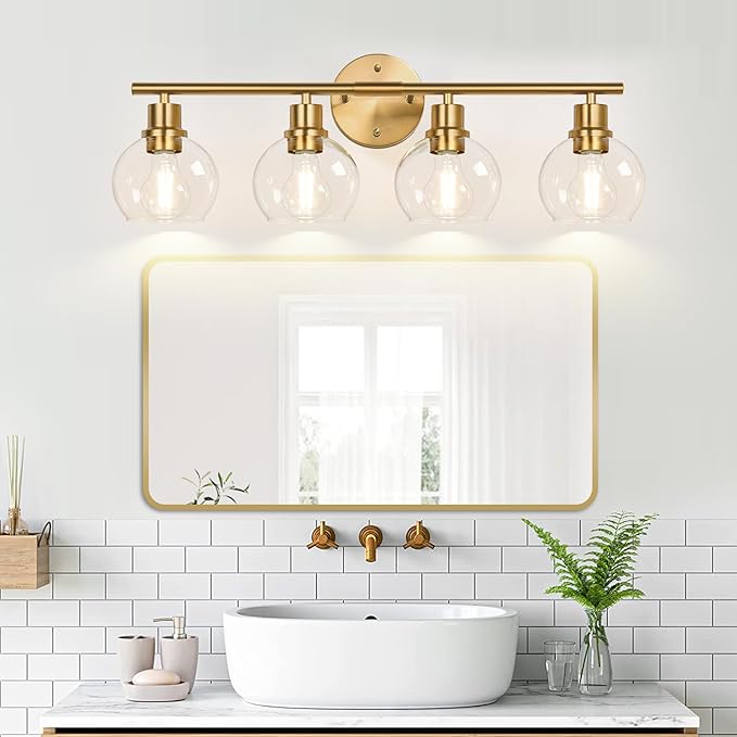 4-Light Bathroom Light Fixtures 2024 Upgrade, Gold Modern Vanity Lights Over Mirror with Clear Glass Globe Shade, Bathroom Wall Sconces for Mirror Kitchen Living Room Hallway Cabinet Bedroom Porch