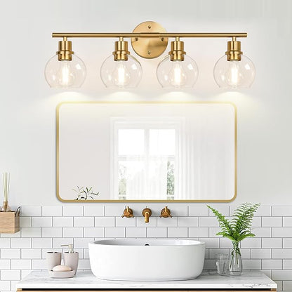 4-Light Bathroom Light Fixtures 2024 Upgrade, Gold Modern Vanity Lights Over Mirror with Clear Glass Globe Shade, Bathroom Wall Sconces for Mirror Kitchen Living Room Hallway Cabinet Bedroom Porch