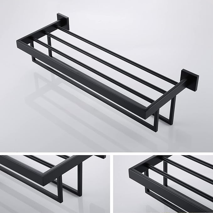KOKOSIRI Matte Black Towel Rack 24'' Bathroom Towel Shelf with Double Towel Bars SUS304 Stainless Steel Wall Mounted, B6003BK