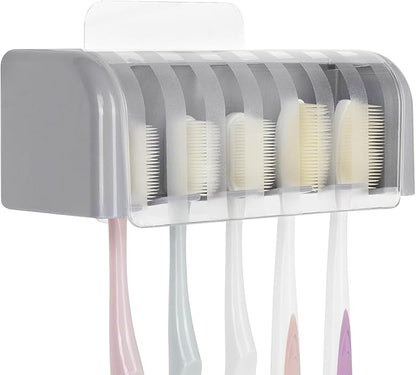 LUEXBOX 5 Slots Wall Mount Toothbrush Holder with Cover, Self Adhesive Toothbrush Storage Organizer for Shower, Toothbrush Hanger for Bathroom, Medicine Cabinet, Dorm (Grey)