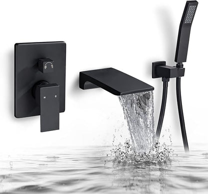 Roman Tub Filler Faucet with Waterfall Spout Wall Mounted Single Handle Bathtub Shower Faucet with Hand Shower Wall Mount Waterfall Tub Faucets Sets, Matte Black