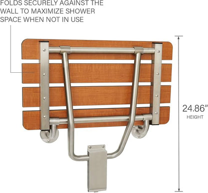 Seachrome 32-inch x 15-inch in ADA Folding Wall Mount Bathroom Shower Seat Bench, Teak Phenolic Seat