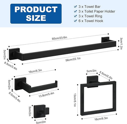 Cilee 10-Pieces Bathroom Hardware Set - Matte Black Bathroom Accessories, 24 Inch Towel Bar, Square Towel Ring, Toilet Paper Holder, Towel Hook, Wall-Mounted Stainless Steel Towel Bar Rack Set