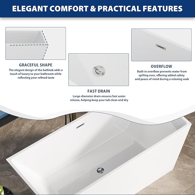 Sarlai 67 Inch Acrylic Freestanding Soaking Bathtub Contemporary Soaking White Tub Stand Alone Ergonomic Bathtub with Chrome Overflow and Drain