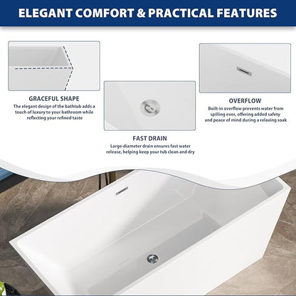 Sarlai 67 Inch Acrylic Freestanding Soaking Bathtub Contemporary Soaking White Tub Stand Alone Ergonomic Bathtub with Chrome Overflow and Drain