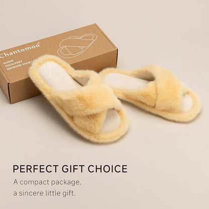 Chantomoo Womens Slippers Memory Foam Fuzzy Cross Band Faux Fur Slippers for Women Gift