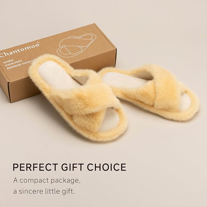 Chantomoo Womens Slippers Memory Foam Fuzzy Cross Band Faux Fur Slippers for Women Gift