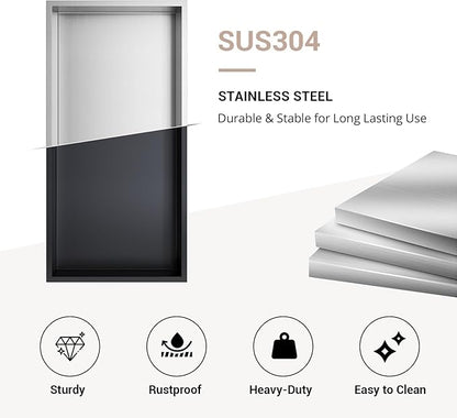 Shower Niche 12x24, Matte Black, No Tile Needed 304 Stainless Steel Recessed Wall Niche Insert with Double Shelves, Built-in Sloped Base Drainage, in-Wall Shower Storage for Bathroom Remodel