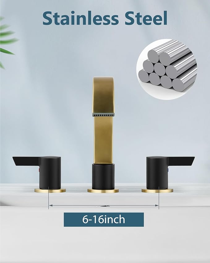 Aolemi Bathroom Faucets 3 Hole,8 Inch Widespread Waterfall Bathroom Sink Faucet,2 Handles Vanity Faucet with Pop-up Drain and Supply Hose,Brushed Gold and Matte Black