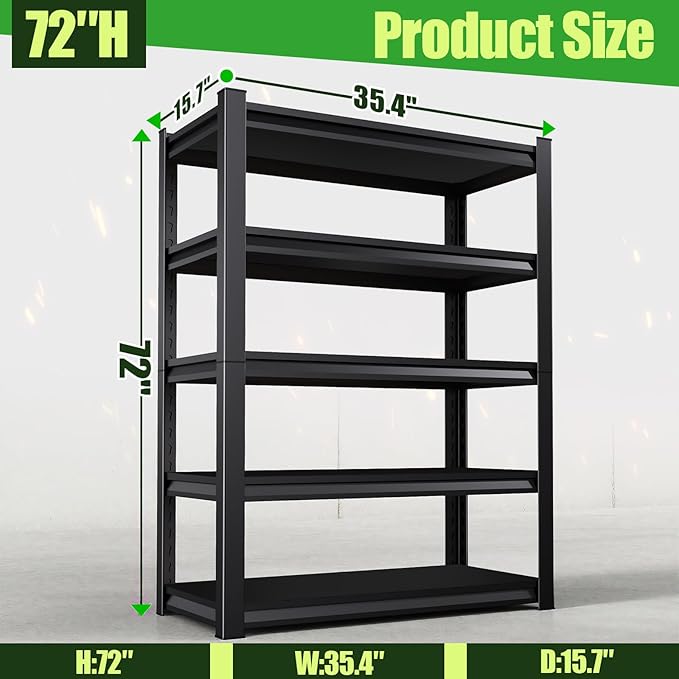 72''HXCXVVB Garage Shelving,Heavy Duty Garage Storage Shelves,Metal Shelving Unit,5 Tier Adjustable Steel Utility Shelf,Use for Basement,Warehouse, Pantry Closet,Black (Steel-72''H*15.7" D*35.4''W)