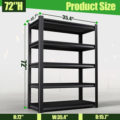 72''HXCXVVB Garage Shelving,Heavy Duty Garage Storage Shelves,Metal Shelving Unit,5 Tier Adjustable Steel Utility Shelf,Use for Basement,Warehouse, Pantry Closet,Black (Steel-72''H*15.7" D*35.4''W)