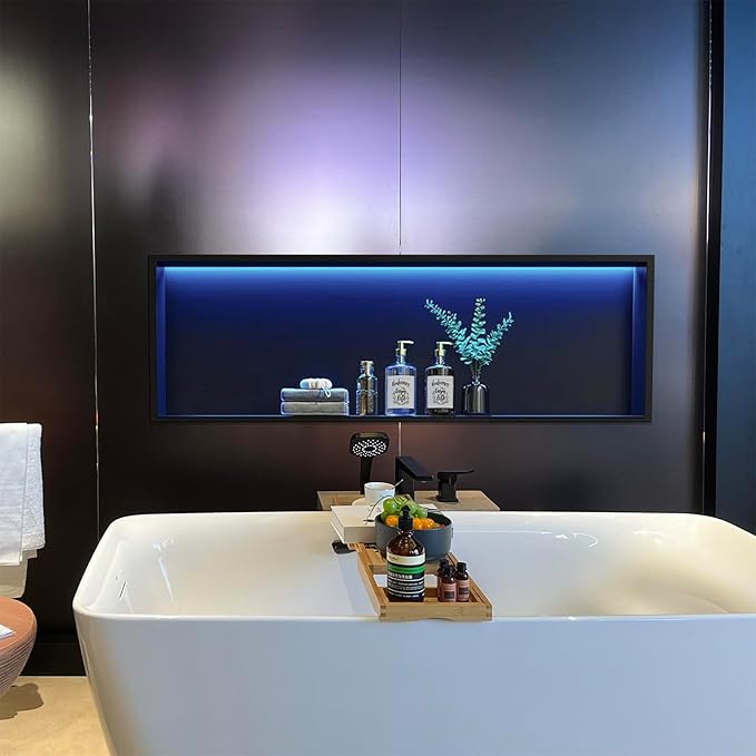 RGB LED Light Shower Niche, Matte Black 36X12 in Stainless Steel Wall Niche with Remote Control, Waterproof No Tile Needed Wall Niche for Bathroom Storage Over Mount Installation