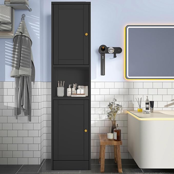 COFaR 67" Tall Metal Bathroom Storage Cabinet,6-Tier Freestanding Linen Tower with 2 Doors,Narrow Slim Metal Locker Storage Cabinet for Small Spaces,Modern,Black