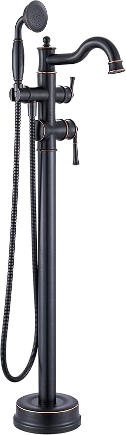 Freestanding Floor Mount Tub Filler with Handheld Shower Roman Bathtub Faucet by ORB Finish, Swivel Spout with Brass Rough-in and Water Hose