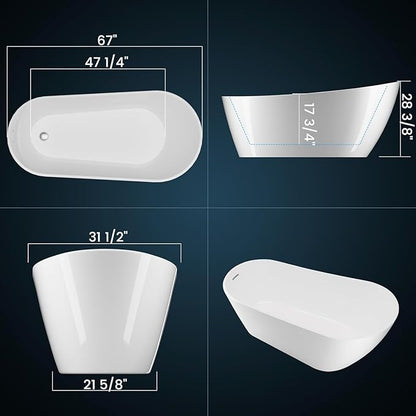 67" Free Standing Tub, Acrylic Freestanding Bathtub, Modern Soaking Tub with Integrated Overflow and Drain, White Bathroom Fixture, Stand Alone Bathtub, CUPC Certified