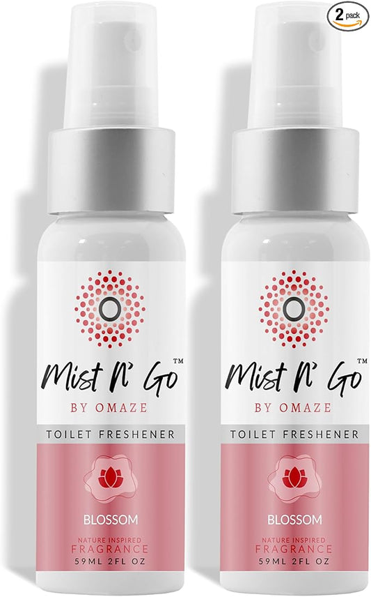 Mist N’ Go by Omaze Travel Bathroom Spray for Toilet Spray Odor Eliminator - Travel Toilet Spray for Bathroom Air Freshener Spray for Bathroom Deodorizer - Blossom Regular Size (2oz x2)