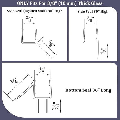 Shower Door Seal Strips – Includes 1 PC 36" Bottom Seal and 2 PCs 80" Side Seals for 3/8" (10mm) Glass – Ultra Clear Polycarbonate Shower Door Sweep and Side Seals Kit