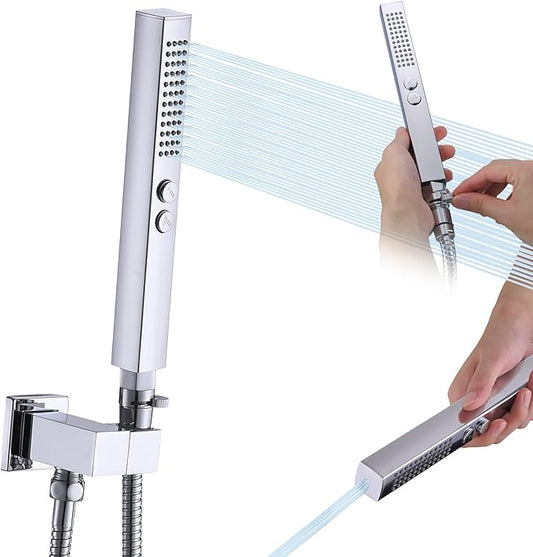 All-Metal High Pressure Square Handheld Shower Head with Jet Spray and Rainfall Modes, Volume Control Regulator, ON/OFF Switch, Hose and Wall Mounted Adjustable Bracket, Chrome Color