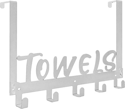 Over The Door Hook, Towel Holder Towel Hook for Bathroom, Towel Hanger Door Rack with 5 Coat Hooks, Over The Door Hanger Towel Rack for Bathroom, Bedroom Towels Coats(Silver)