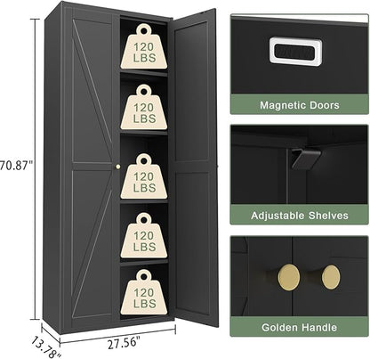 71" Tall Kitchen Pantry Storage Cabinet,Black Metal Storage Cabinets with Doors and Adjustable Shelves,5 Tier Kitchen Cupboard for Dining Room Office Bathroom
