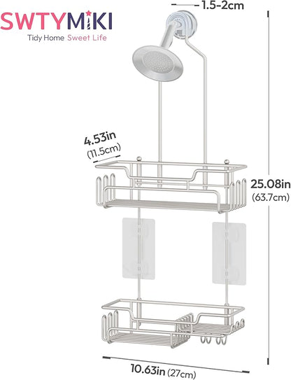 SWTYMIKI Bathroom Shower Caddy Hanging - Extended Length 2 Tier Rustproof Over Shower Head Organizer, No Drilling Bathroom Shelf with 14 Hooks & Soap Holder, Anti-Swing Rack, Sand Nickel