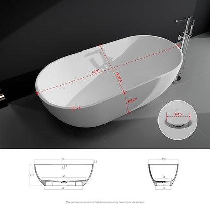 SJ STAR&JANE 59" Solid Surface Freestanding Bathtub, Matte White Oval Soaking Stone Resin Tub with Overflow and Pop-up Drain for Modern Bathrooms