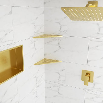 POPFLY 10 Inch Gold Corner Shower Shelf 2 Pack, 304 Stainless Steel Bathroom Shelves for Tiled Wall, No Drilling Recessed Organizer, Luxurious Floating Shower Shelf with Anti-Slip Design, PF7501G