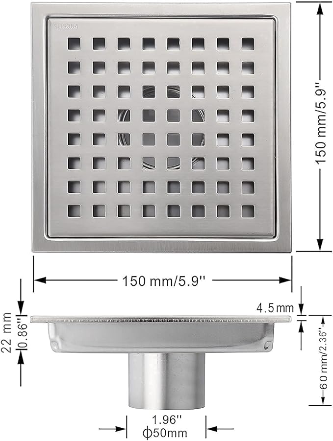 6 Inch Square Shower Floor Drain, Grille with Removable Cover, SUS304 Stainless Steel Brushed Nickel