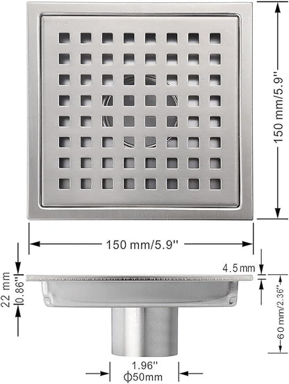 6 Inch Square Shower Floor Drain, Grille with Removable Cover, SUS304 Stainless Steel Brushed Nickel