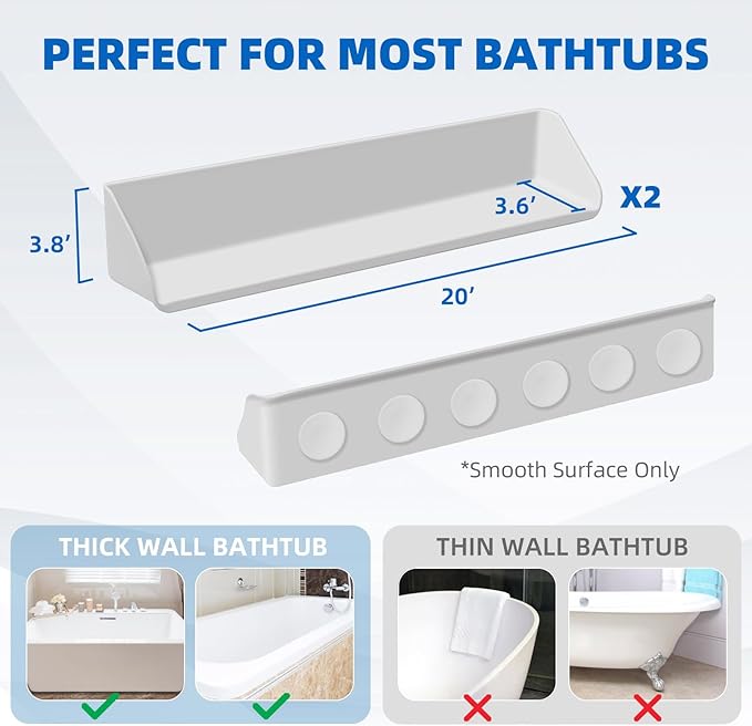 Splash Guard for Bathtub, 3.8" x 3.6" Silicone Bath Tub Splash Guard with 6 Suction Cups, Bathtub SplashGuard Play Shelf Area for Kids with 3°Drainage Slope for Faster Drying - 2 Packs White