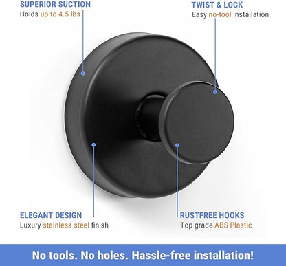 Suction Cup Hooks for Shower, 4 Pcs Shower Hook for Bathroom Stainless Steel Wall Hook for Hanging up to 6.5 lbs for Kitchen, Glass, Mirror,Black