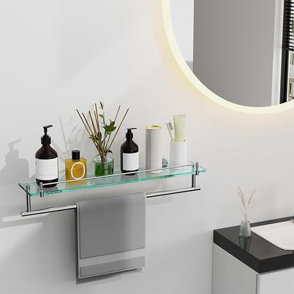 24-Inch Towel Rack with Shelves Tempered Glass Bathroom Shelves with Bar - Chrome Polished Modern Stainless Steel, Wall Mount Rustproof Tower Rail