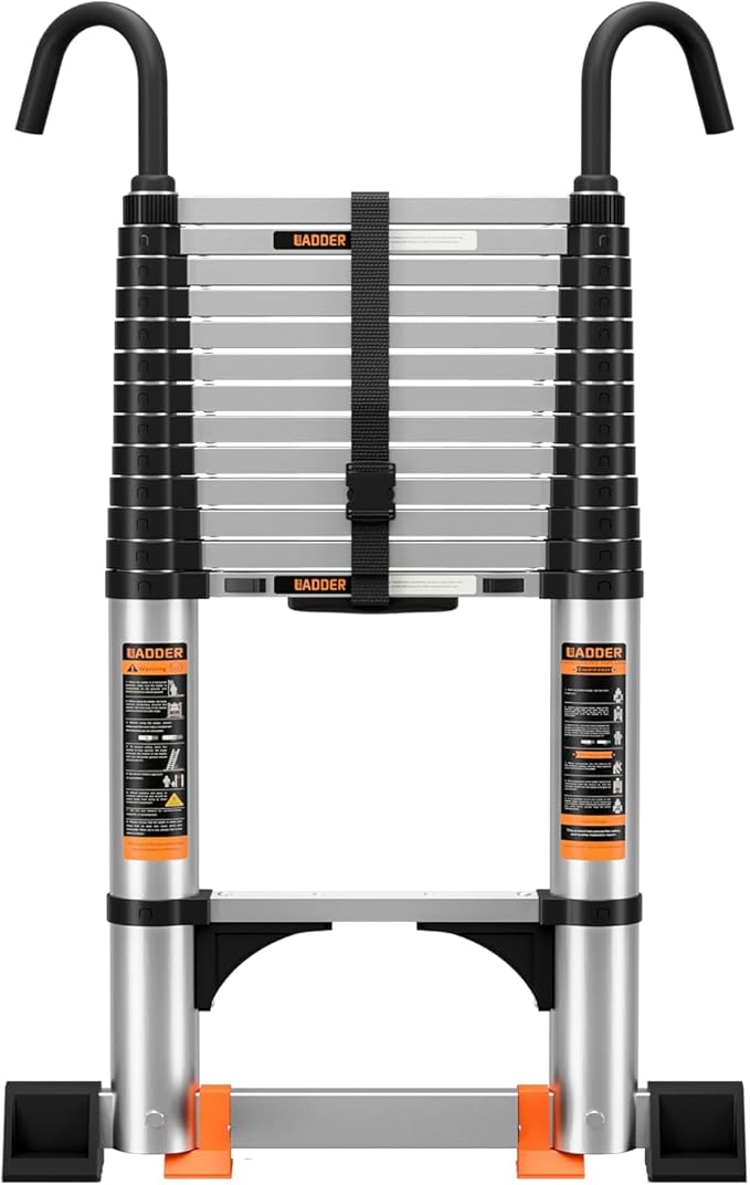 Telescoping Ladder,with Stable Hook and stabilizer barand,Extension Ladder, Heavy Duty 330lbs Max Capacity, Multi-Purpose Collapsible Ladder for RV or Outdoor Work (Aluminum, 8.5FT/2.6M(A-Button))