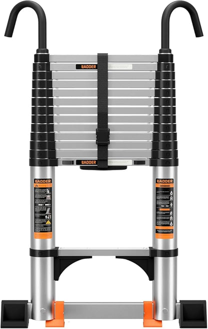 Telescoping Ladder,with Stable Hook and stabilizer barand,Extension Ladder, Heavy Duty 330lbs Max Capacity, Multi-Purpose Collapsible Ladder for RV or Outdoor Work (Aluminum, 12.5FT/3.8M(A-Button))