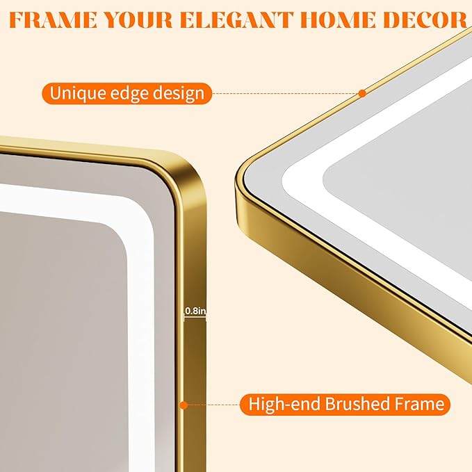LED Bathroom Mirrors with Lights,24" x 36" Gold Square LED Mirror for Bathroom,Fogless,3 Colors Dimmable, Touch Sensor