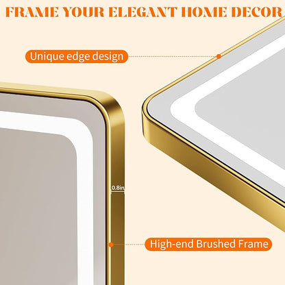 LED Bathroom Mirrors with Lights,24" x 36" Gold Square LED Mirror for Bathroom,Fogless,3 Colors Dimmable, Touch Sensor